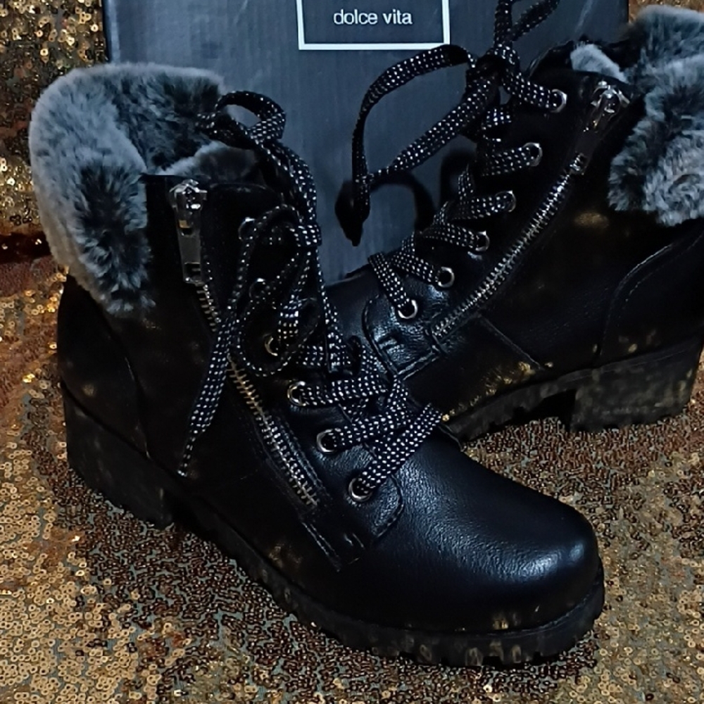 Dolce Vita Black Lace-Up Faux Fur Ankle Boots